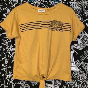 yellow tee, with small tie